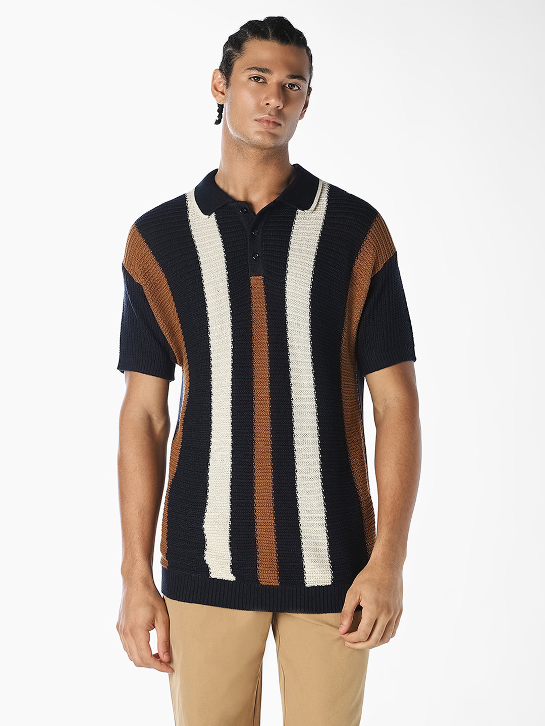 Navy Striped Knitted Polo