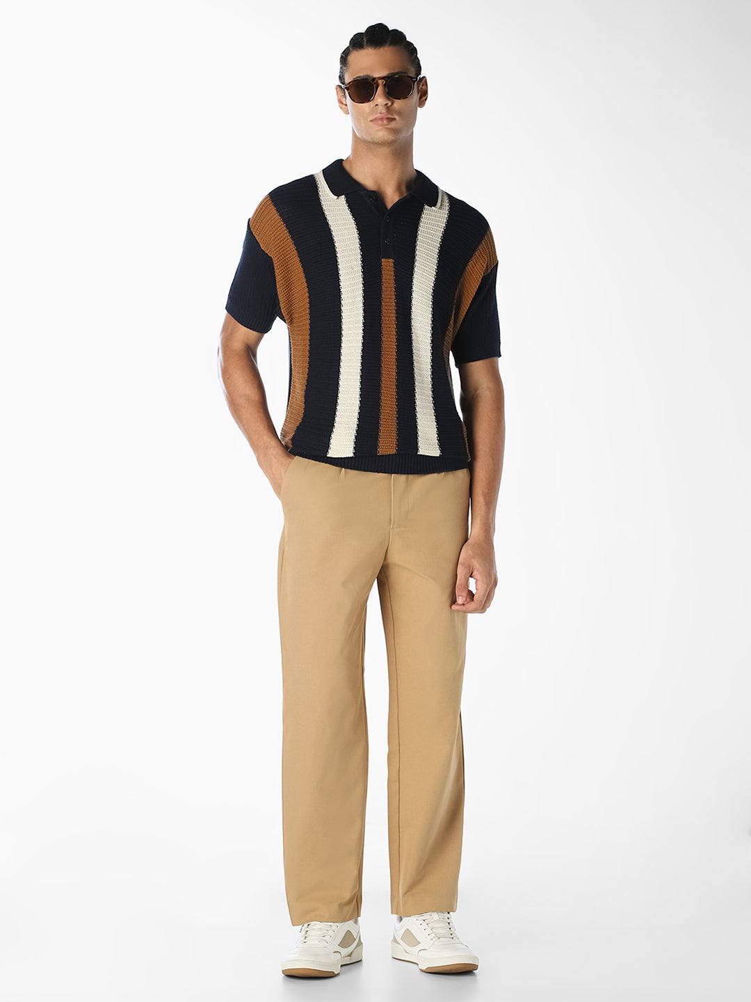 Navy Striped Knitted Polo
