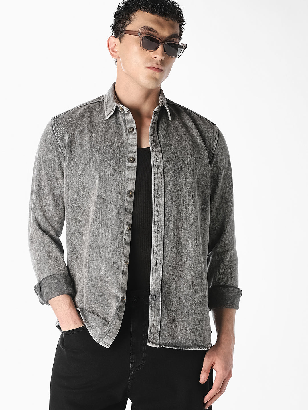 Grey Washed Denim Shirt