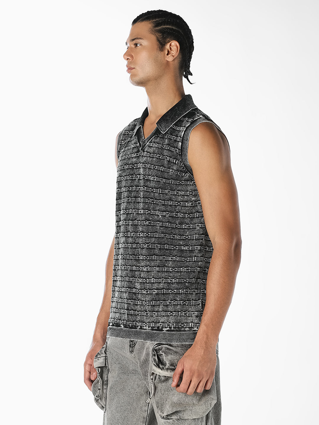 Charcoal Grey Patterned Knitted Polo