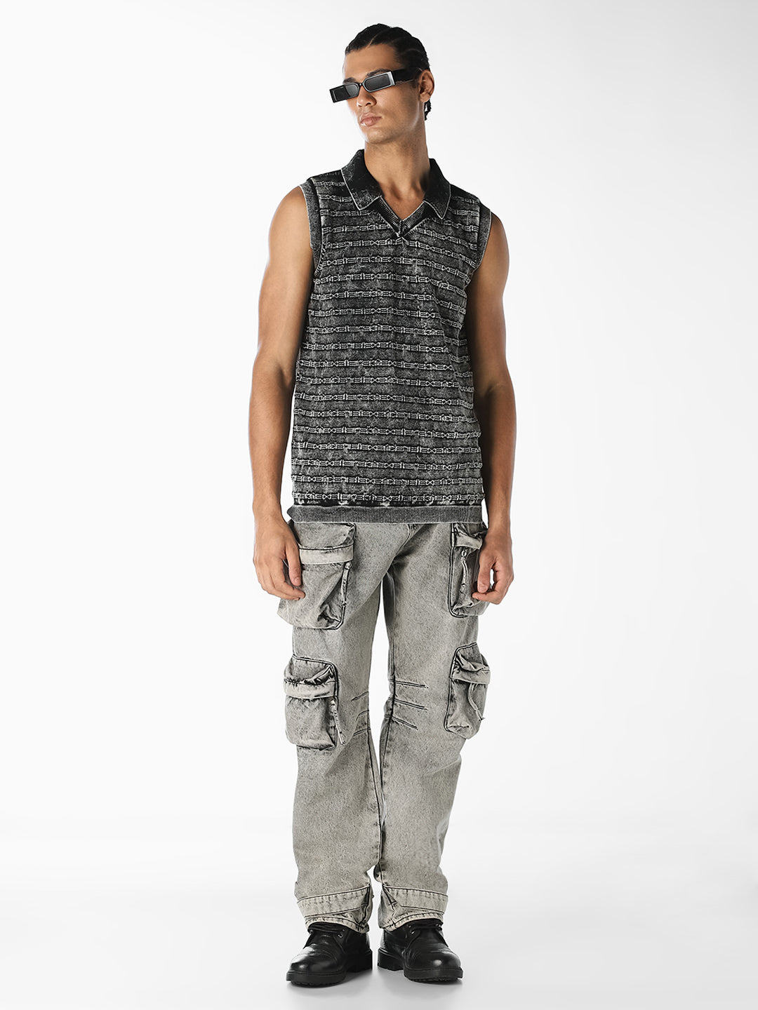 Charcoal Grey Patterned Knitted Polo