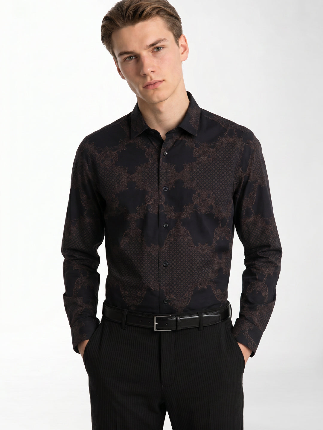 Brown Printed Slim Fit Shirt