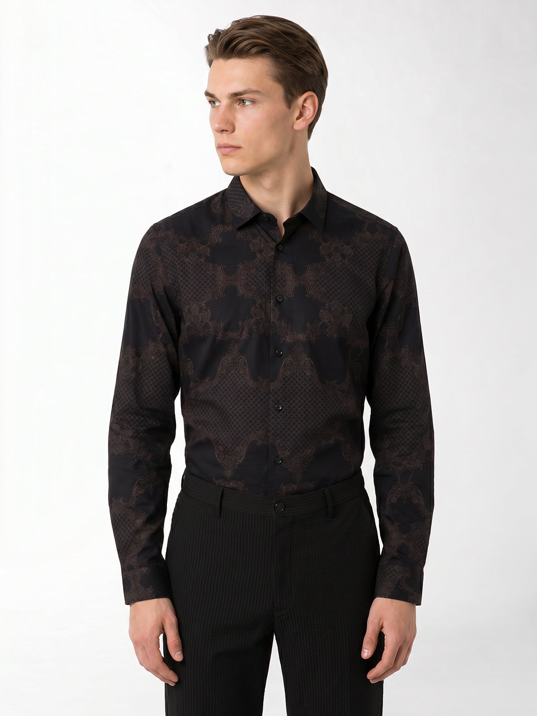 Brown Printed Slim Fit Shirt