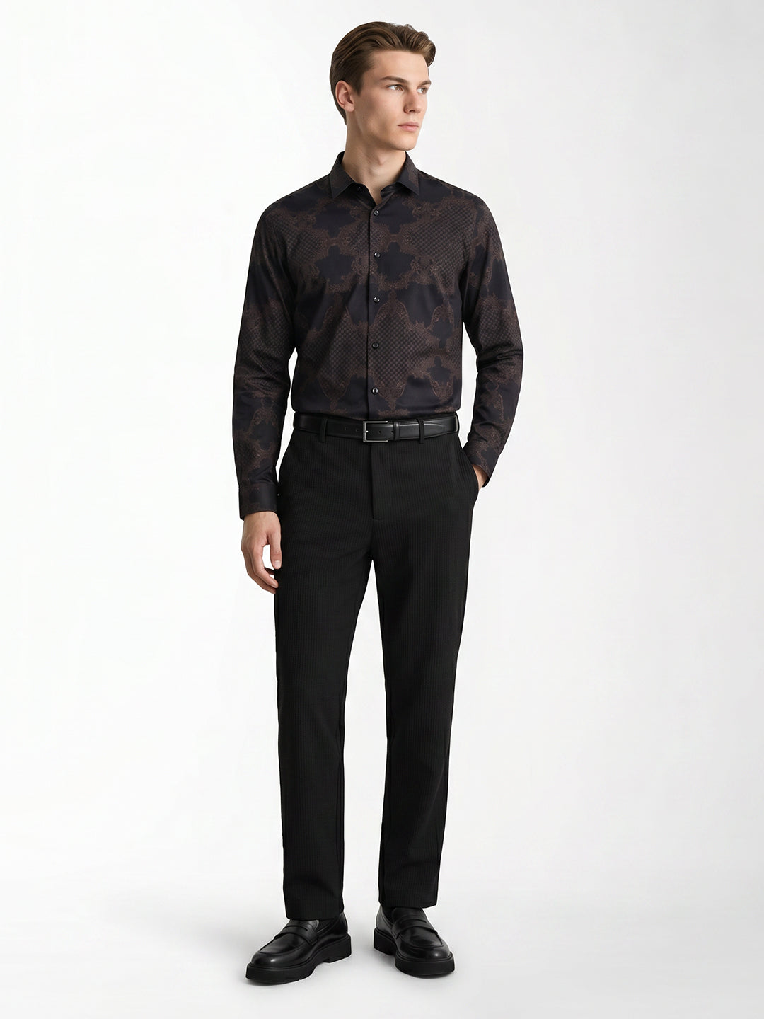 Brown Printed Slim Fit Shirt