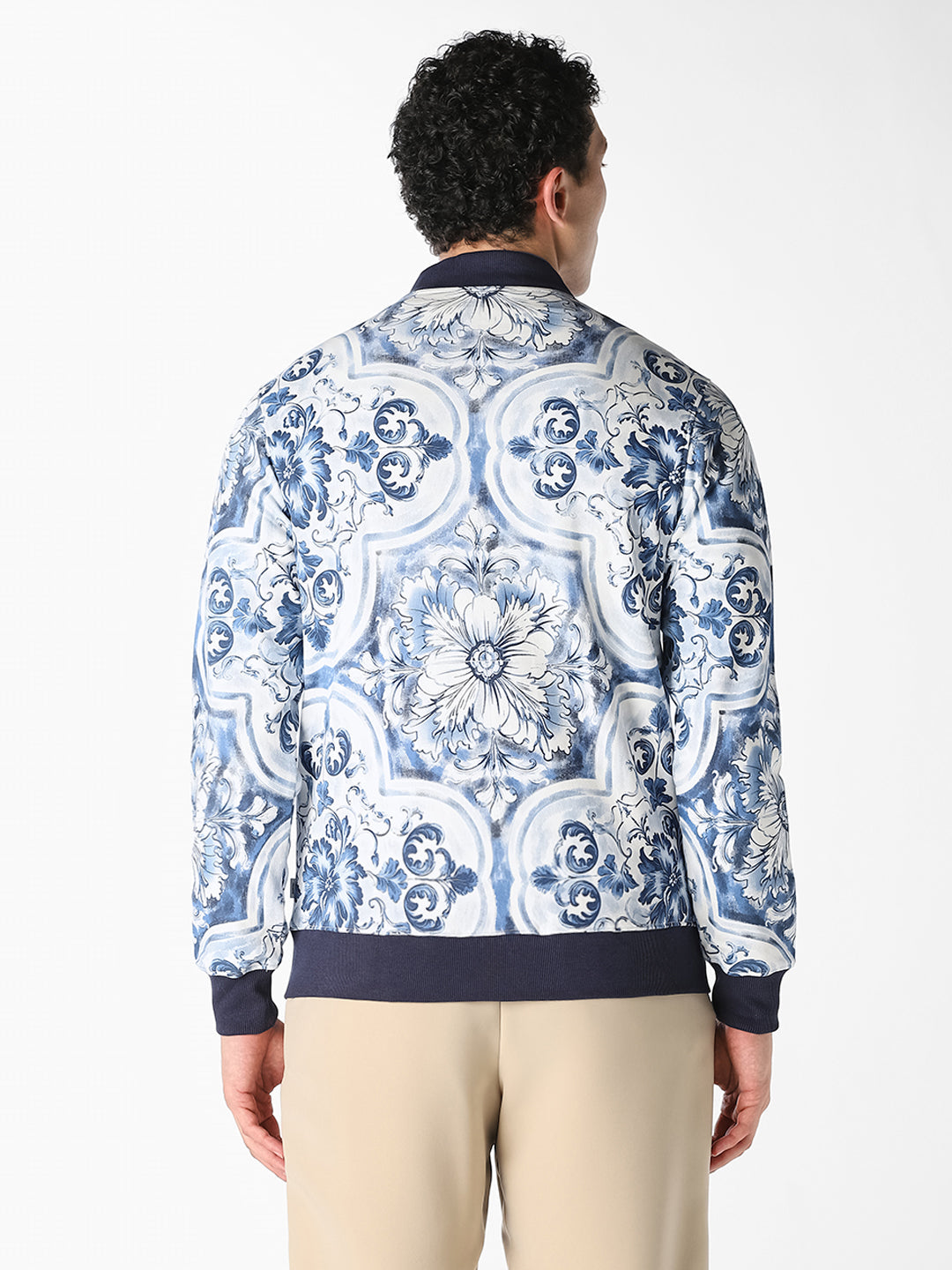 Blue Baroque Print Bomber Jacket