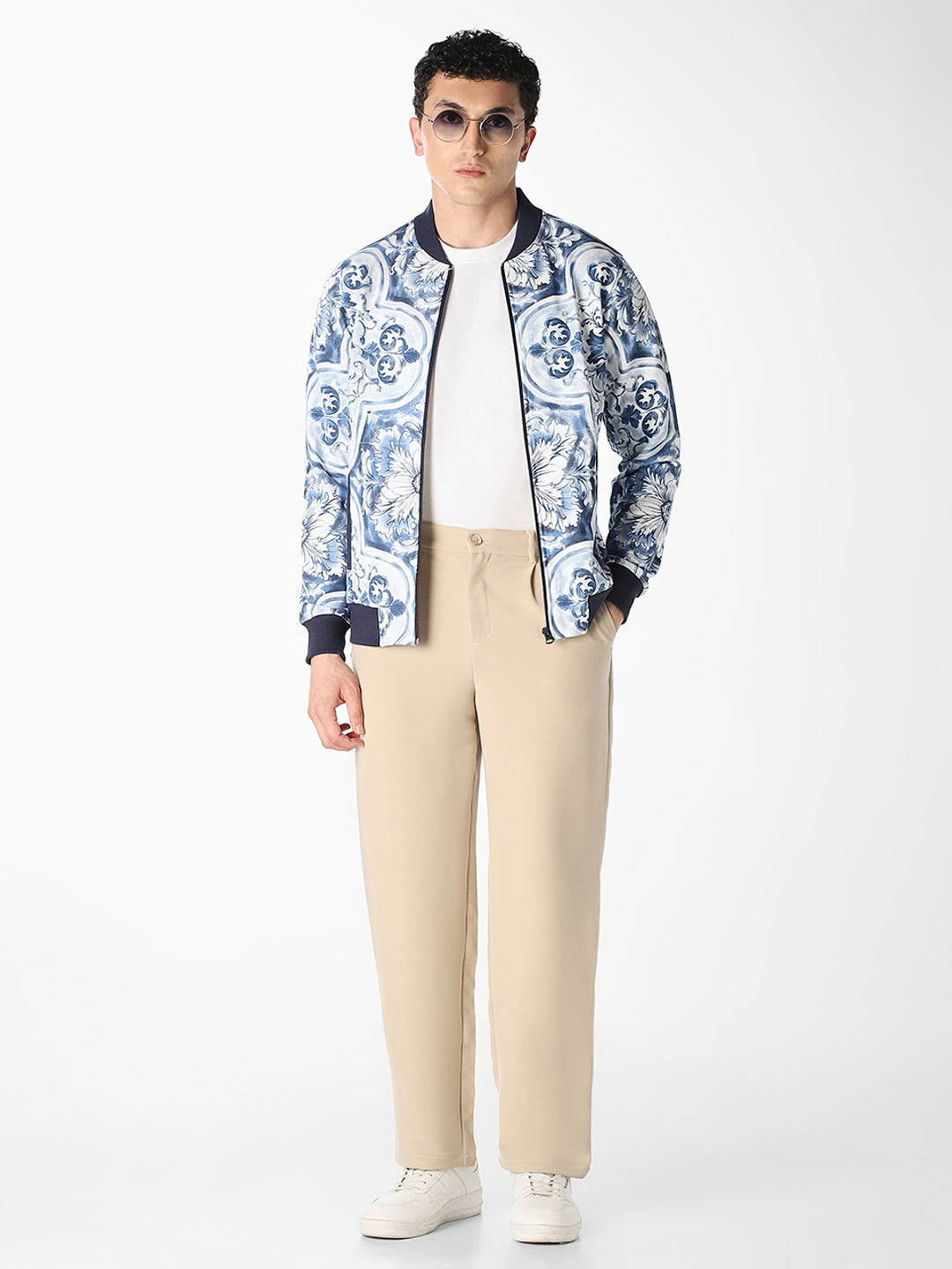 Blue Baroque Print Bomber Jacket