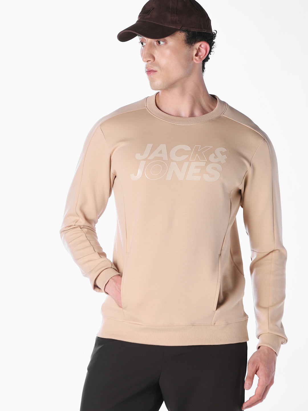 Cream Solid Regular Fit Sweatshirt