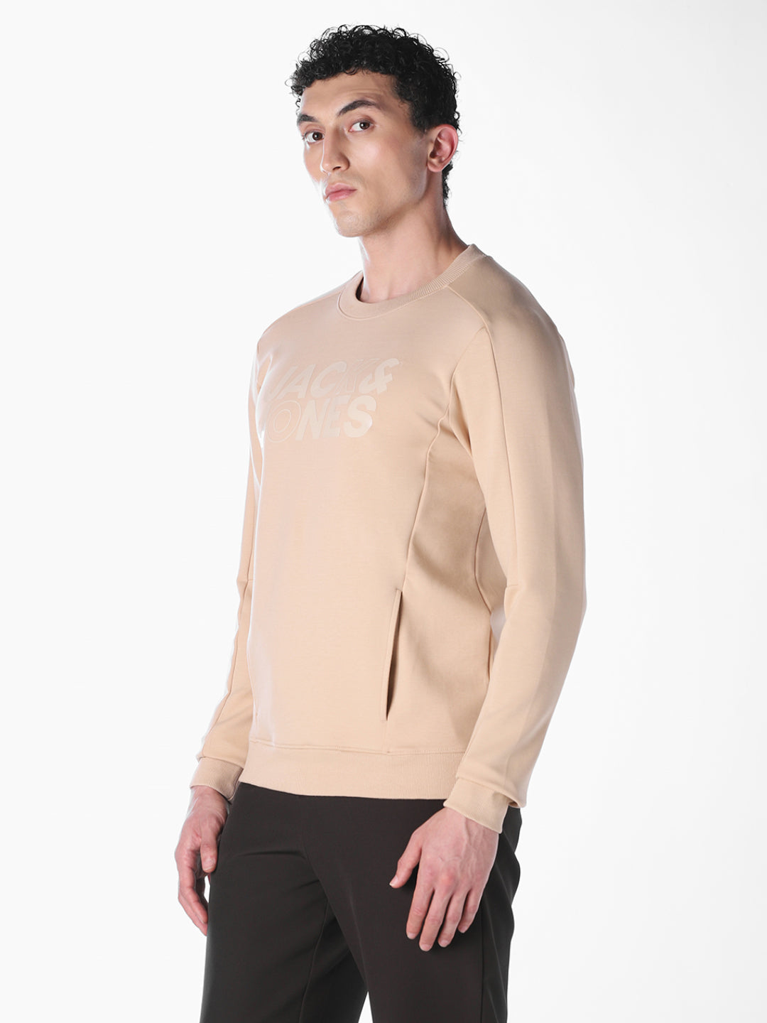 Cream Solid Regular Fit Sweatshirt