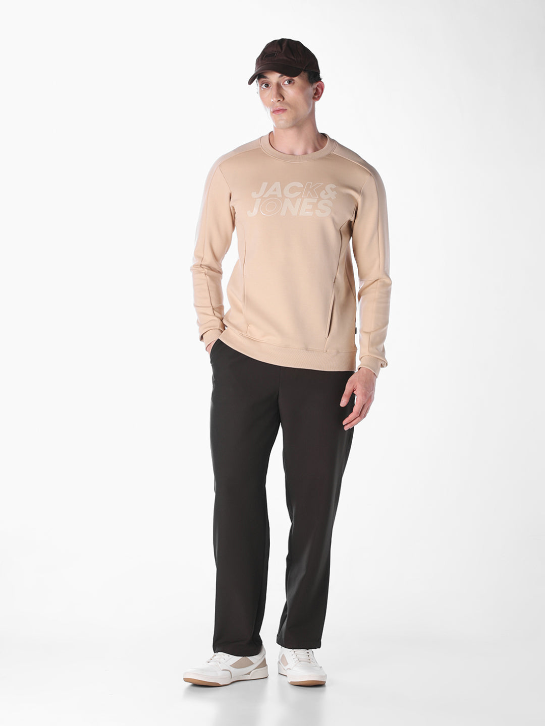 Cream Solid Regular Fit Sweatshirt