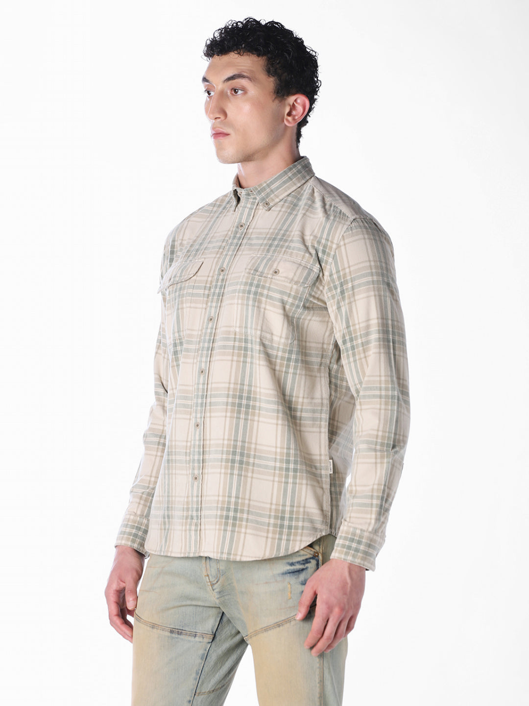 Olive Checked Regular Fit Shirt