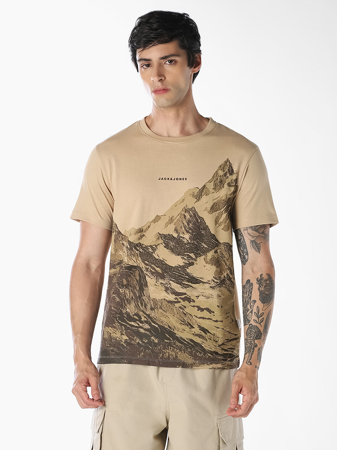 Beige Printed Cotton T-shirt