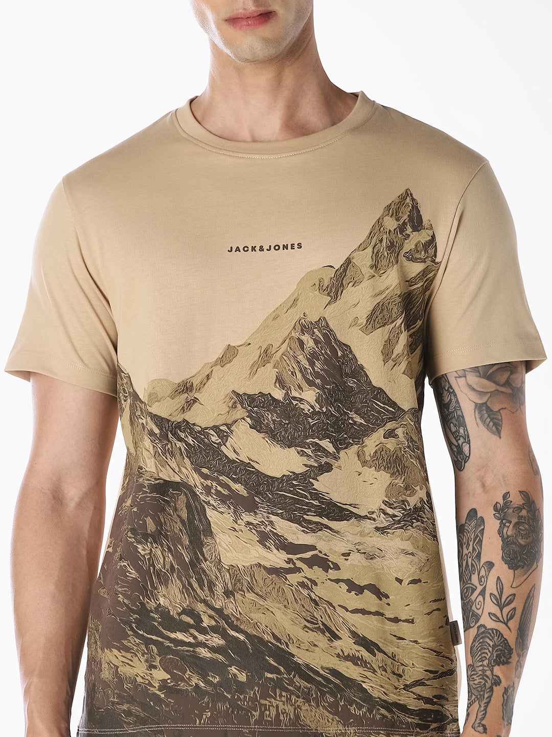 Beige Printed Cotton T-shirt