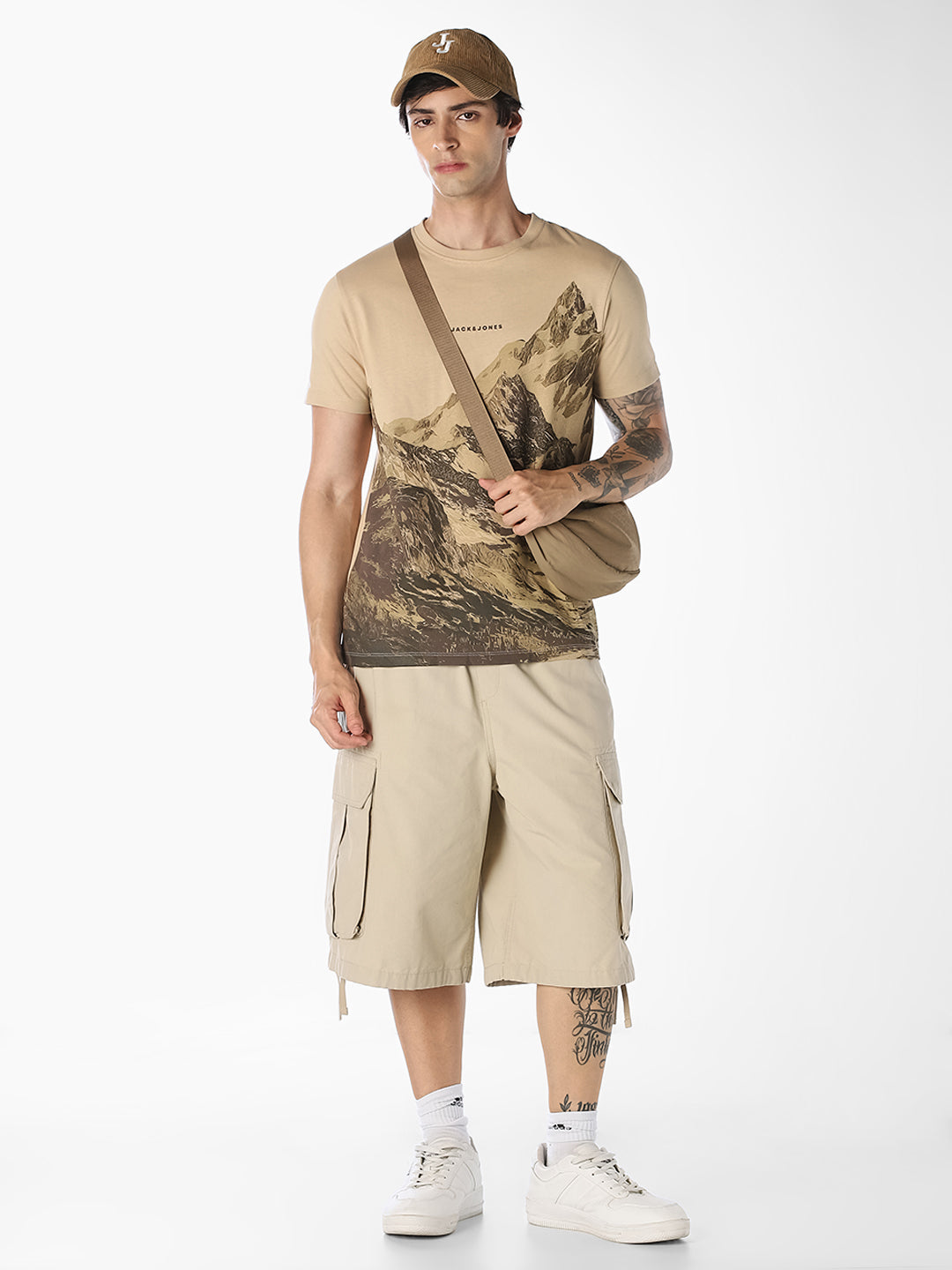 Beige Printed Cotton T-shirt