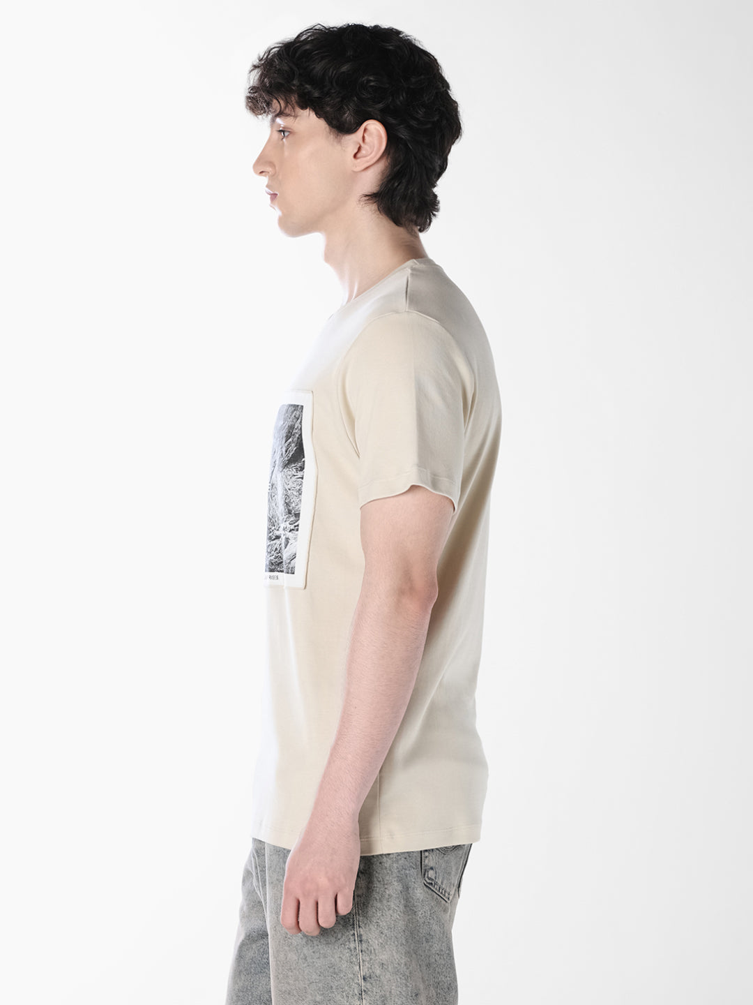 Cream Printed Crew Neck T-shirt