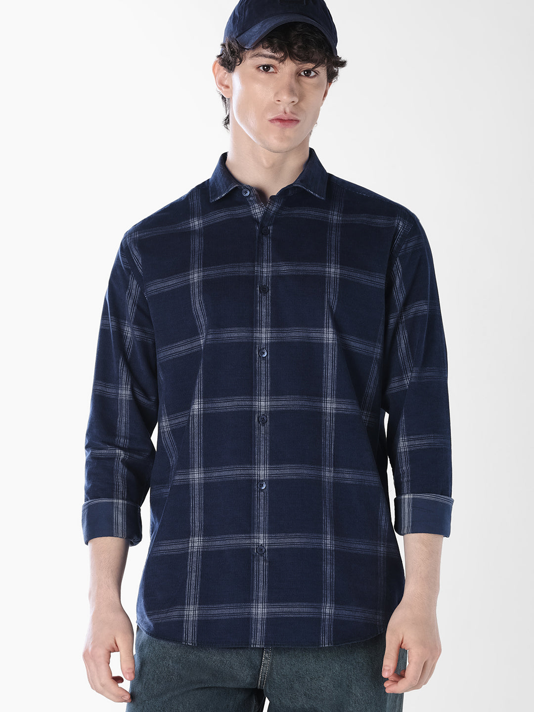 Dark Blue Check Cotton Shirt