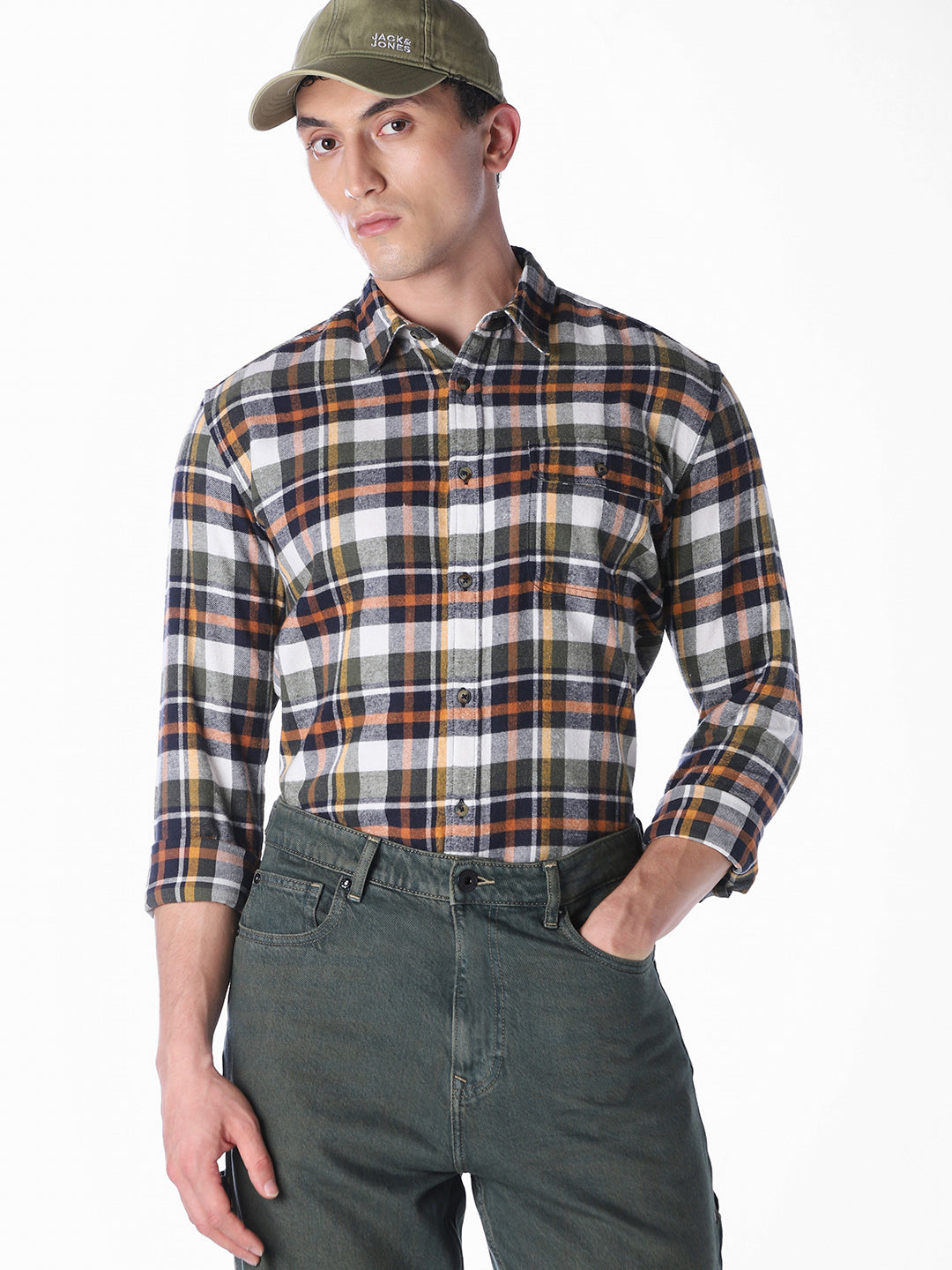 Olive Checked Regular Fit Shirt