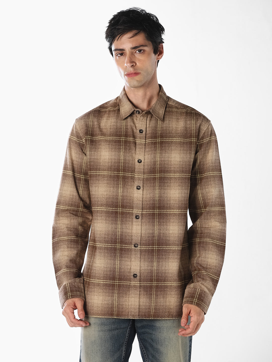Brown Check Cotton Shirt