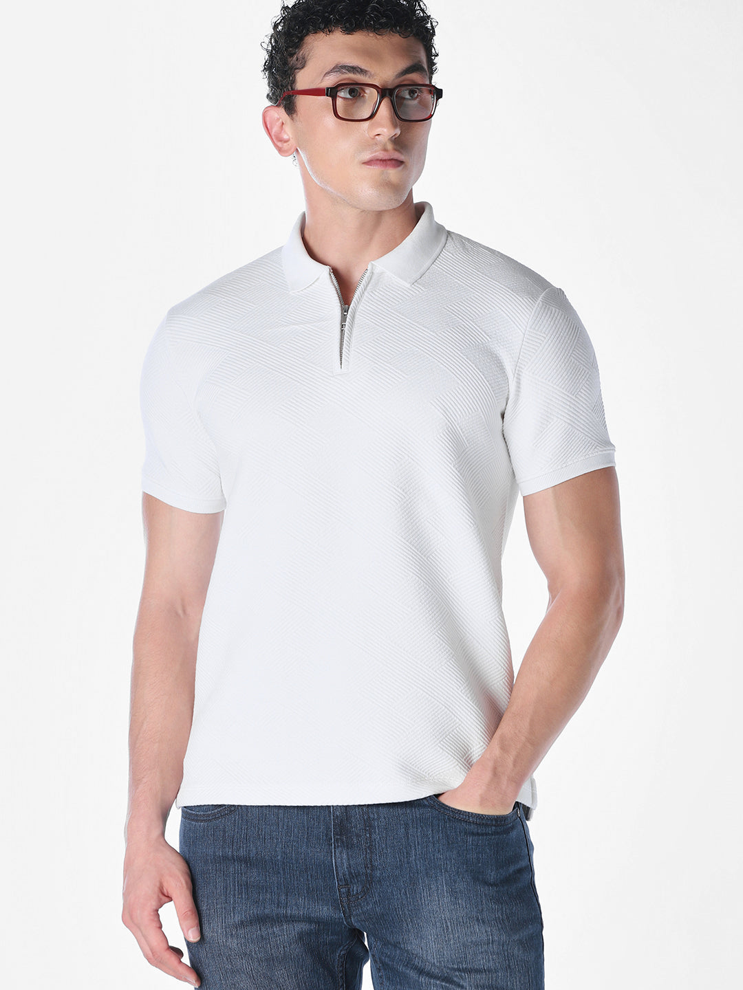 White Jacquard Regular Fit polos