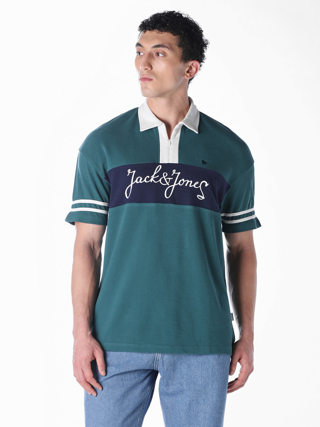Green colour blocked Oversized Fit polos
