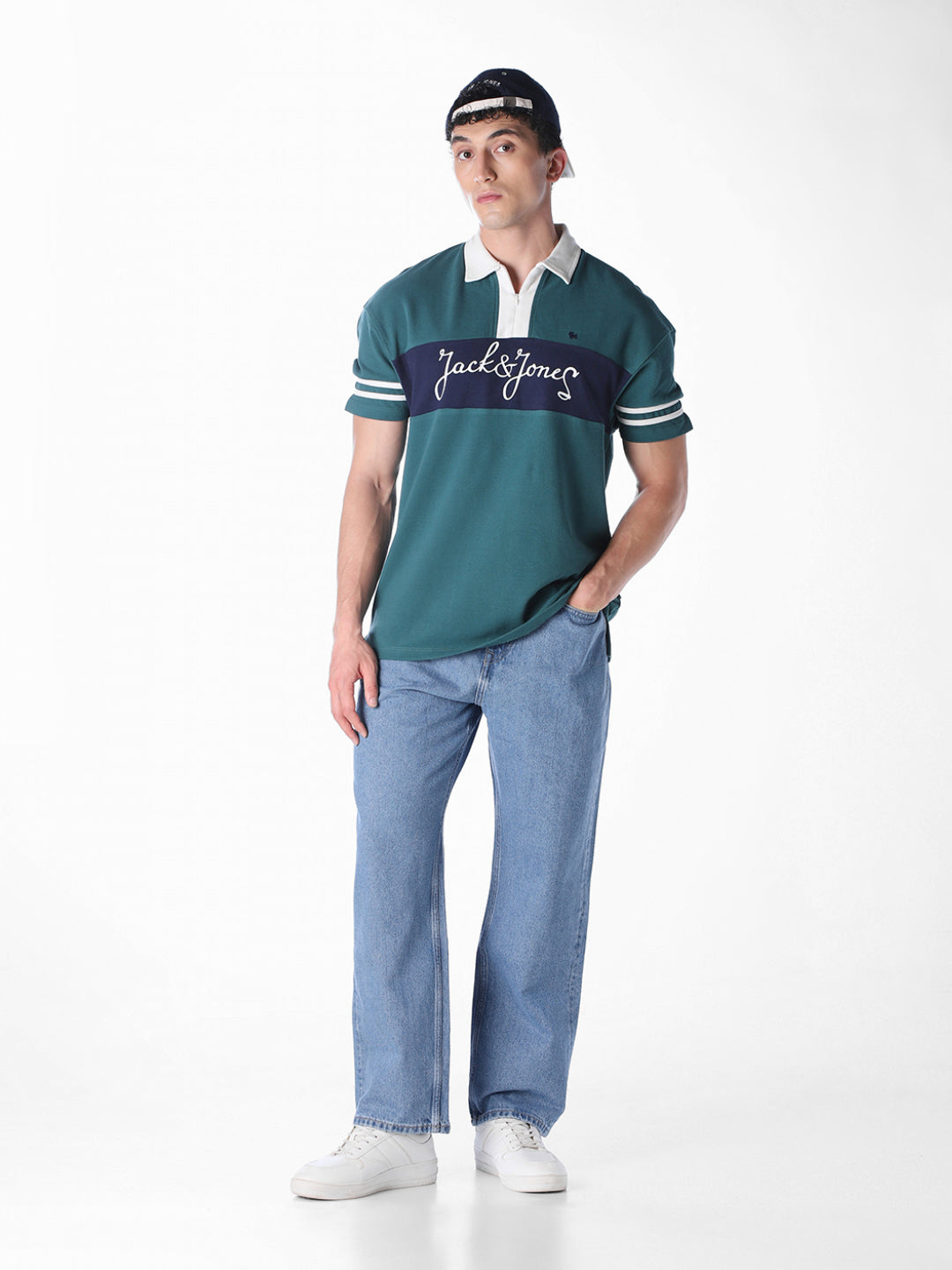 Green colour blocked Oversized Fit polos