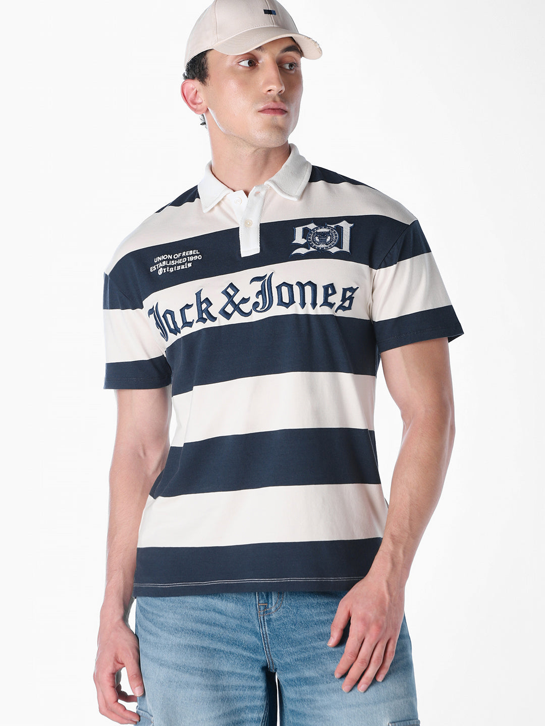 White horizontal stripes Oversized Fit polos