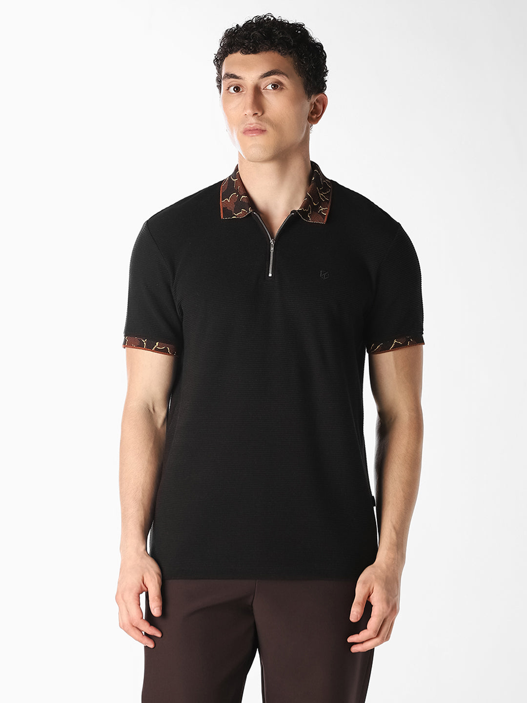 Black Textured Zip Polo