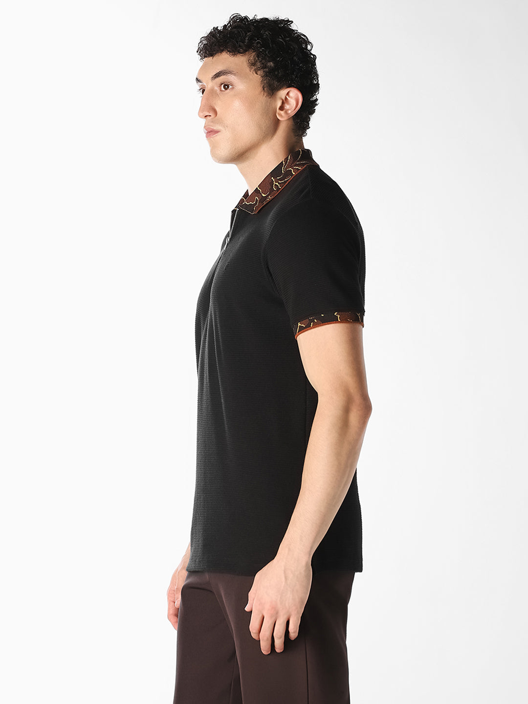 Black Textured Zip Polo