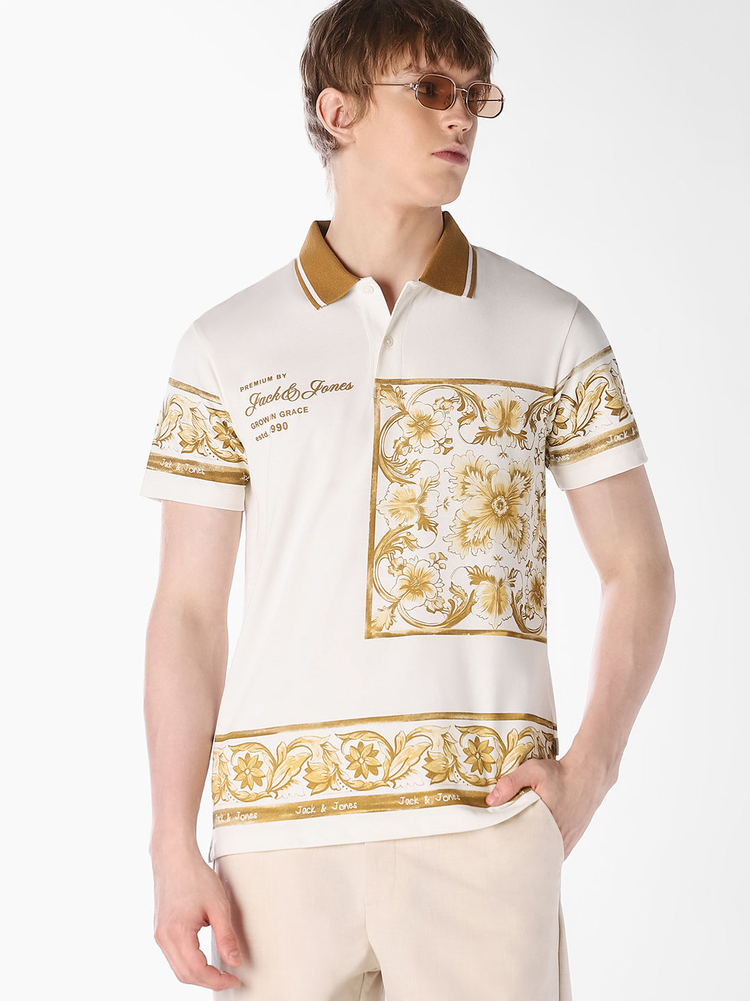 White Printed Cotton Polo