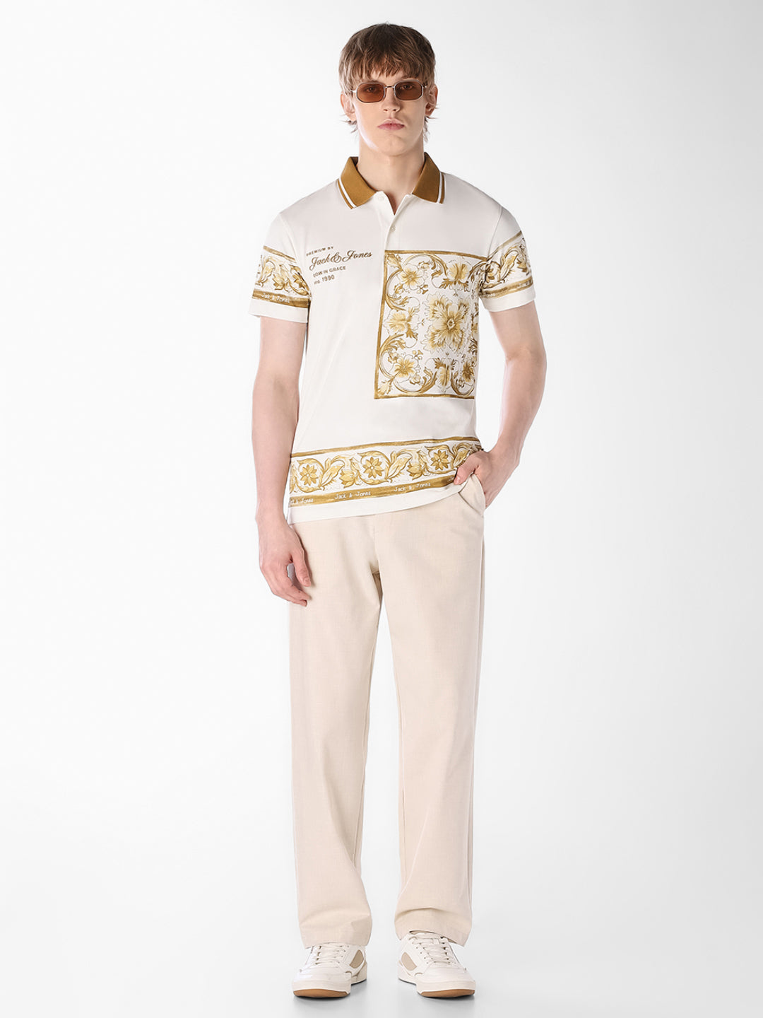 White Printed Cotton Polo