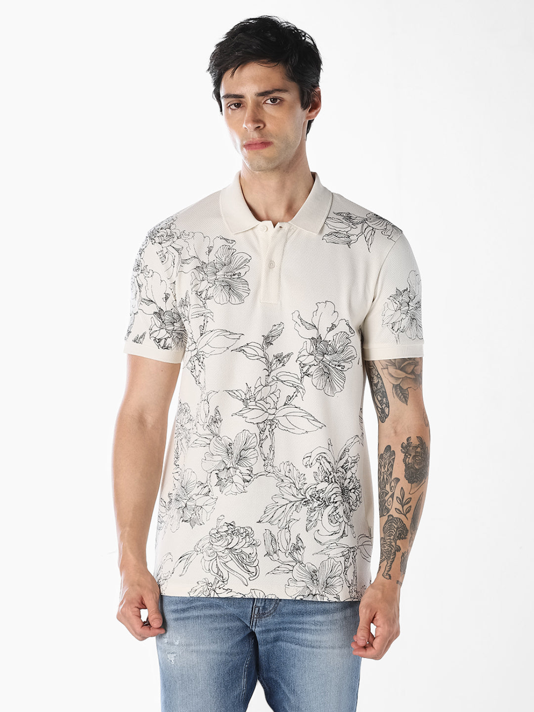 White Printed Cotton Polo