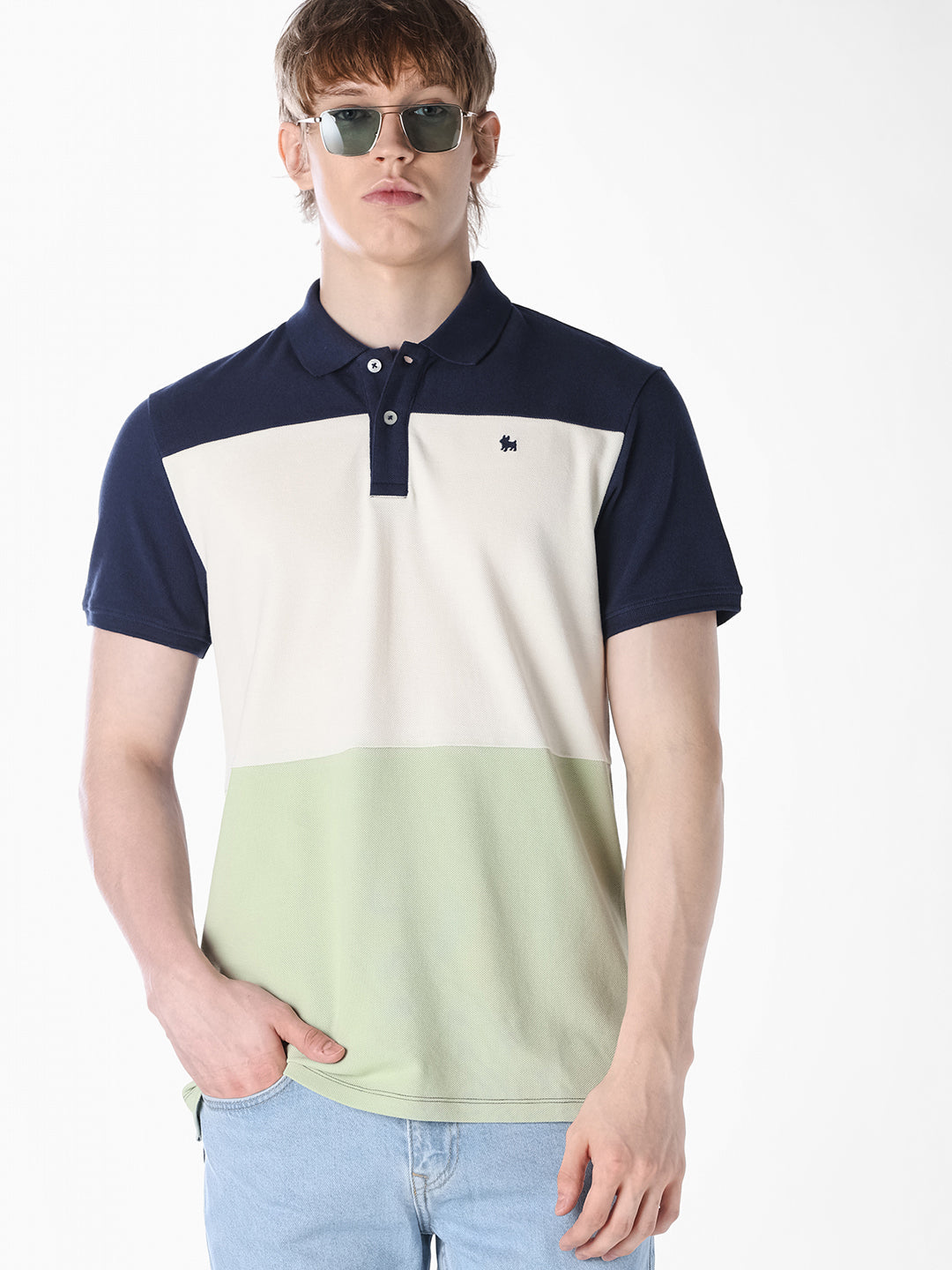 Blue Colourblocked Regular Fit Polo