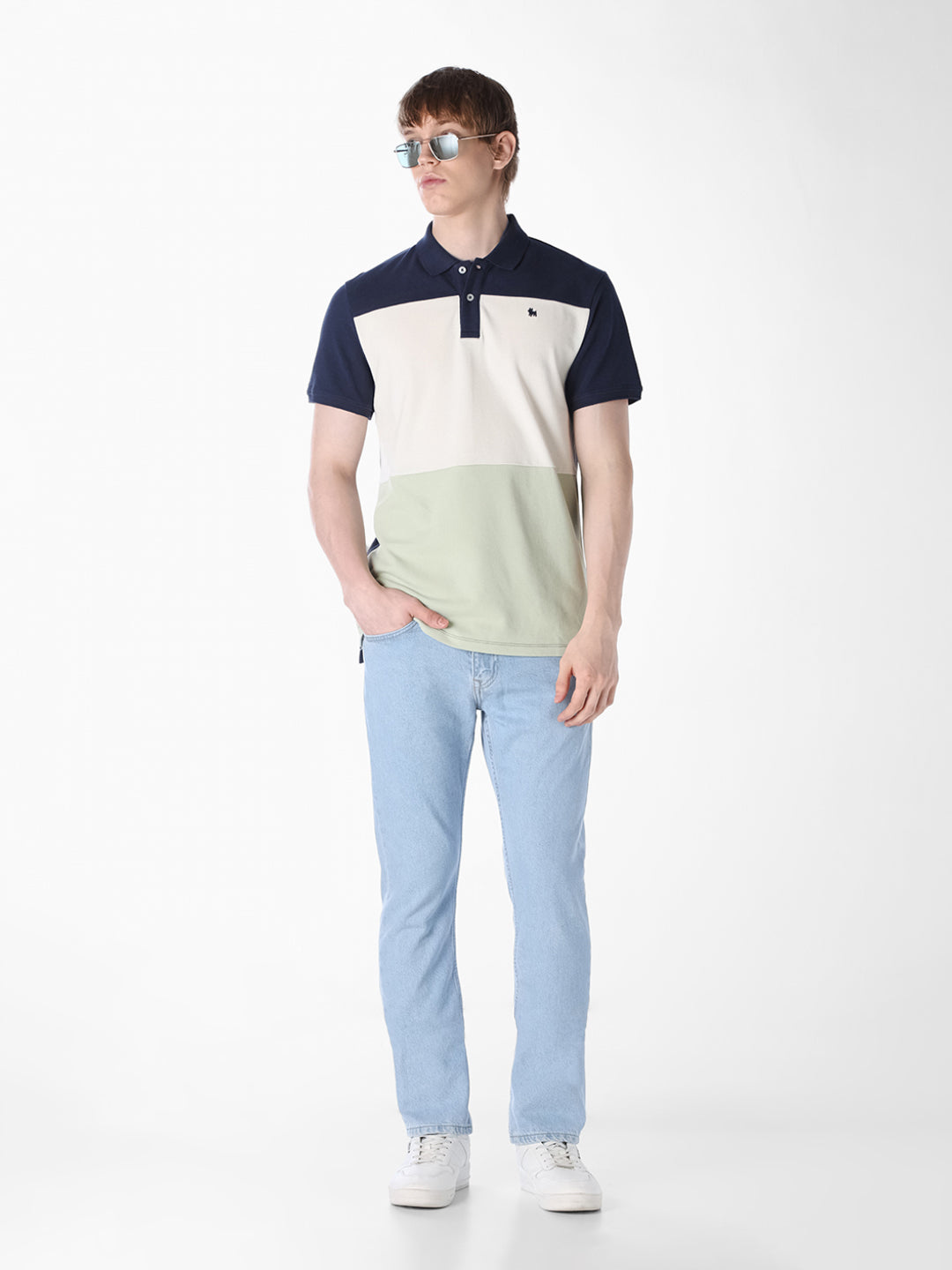 Blue Colourblocked Regular Fit Polo