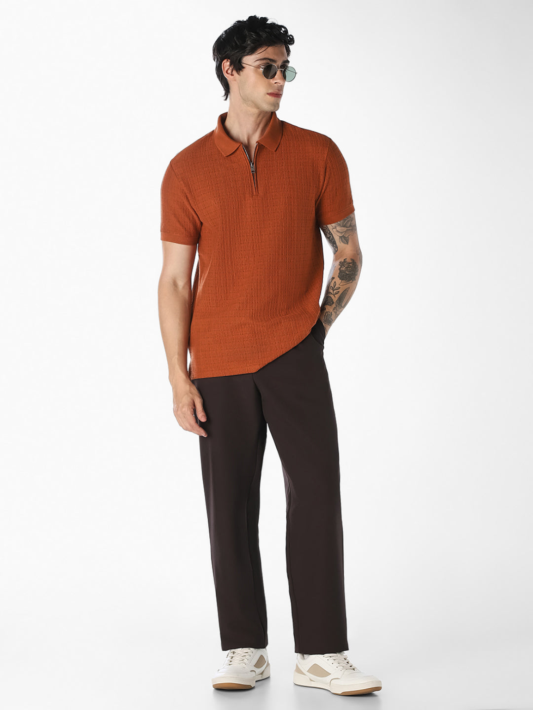Ginger Brown Ribbed Zip Polo