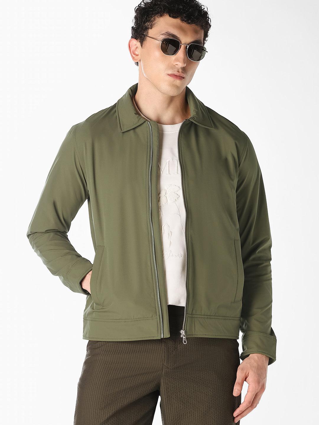 Olive Regular Fit Zip-Up Jacket
