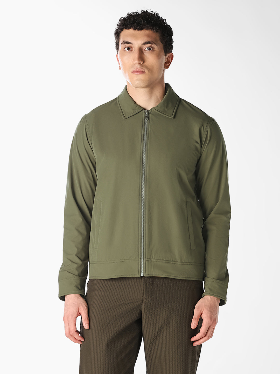 Olive Regular Fit Zip-Up Jacket