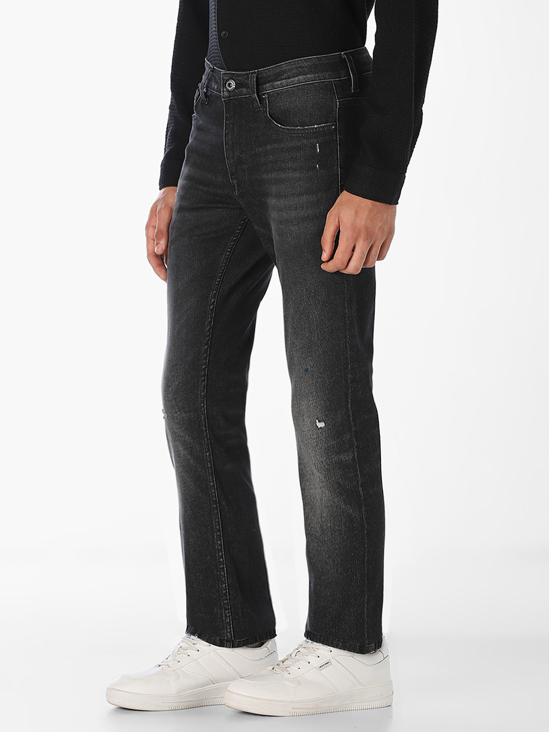 Black Mildly Distressed Regular Fit Jeans