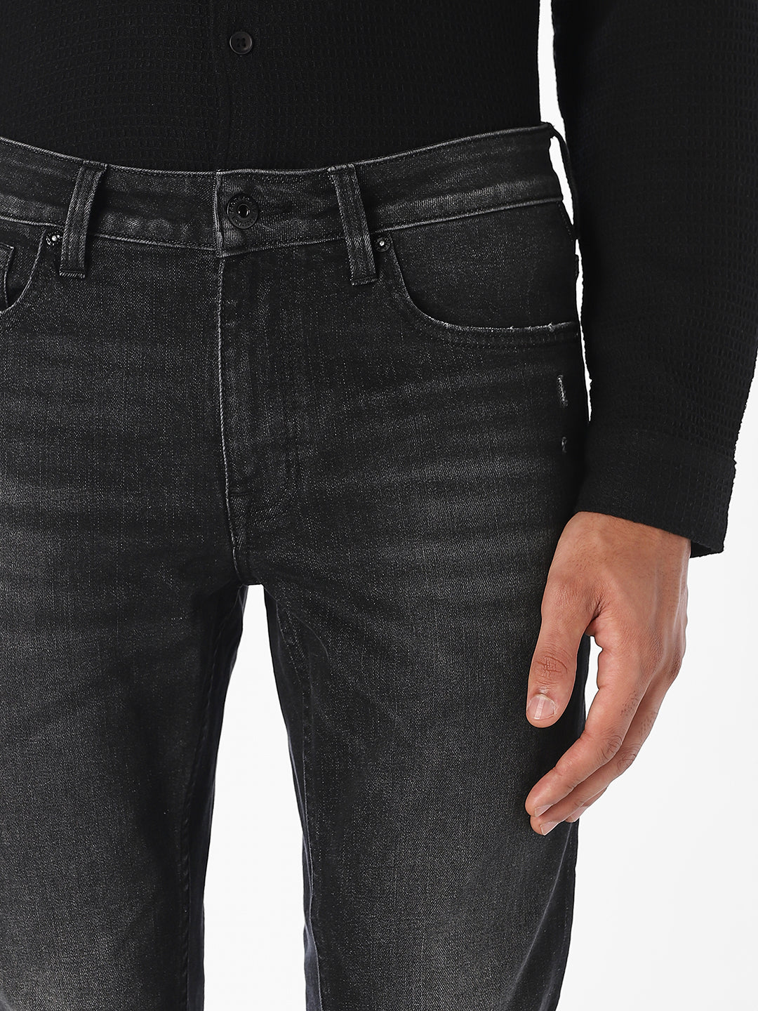 Black Mildly Distressed Regular Fit Jeans