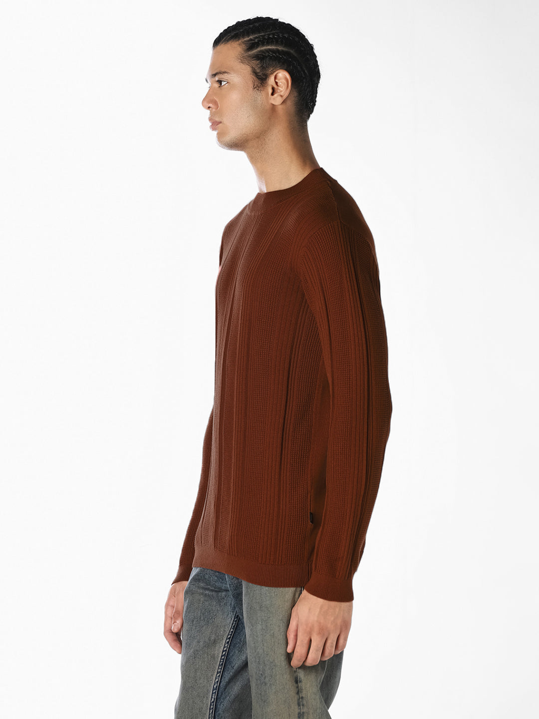 Brown Ribbed Knit Pullover