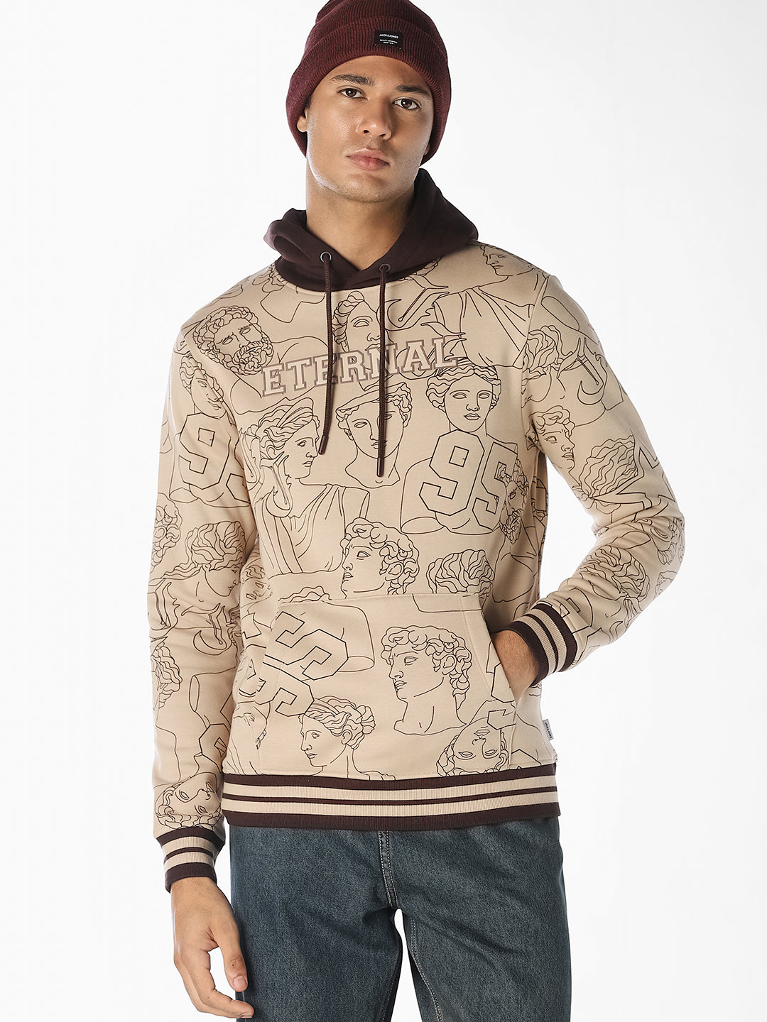 Beige Printed Hoodie