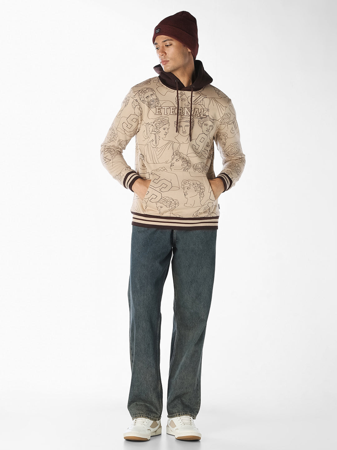 Beige Printed Hoodie