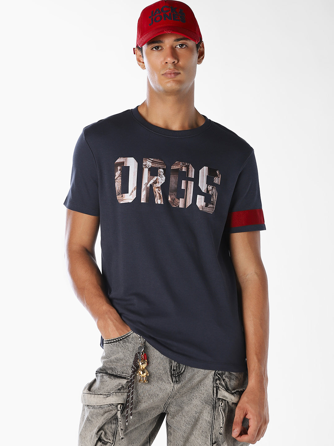 Dark Blue Printed Cotton T-shirt