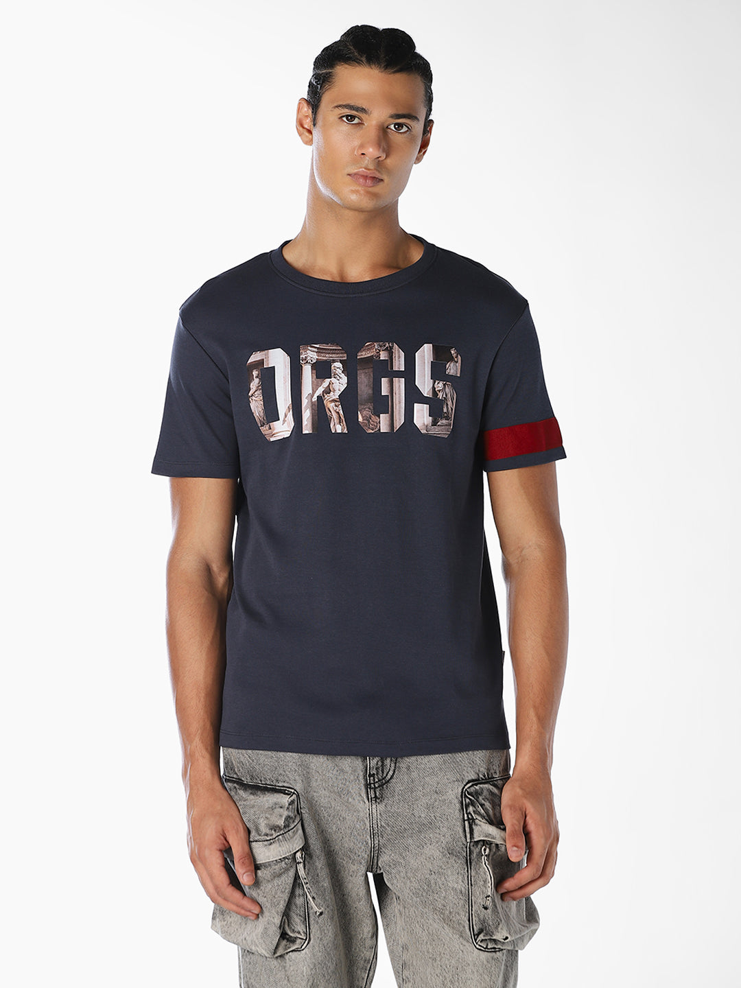 Dark Blue Printed Cotton T-shirt