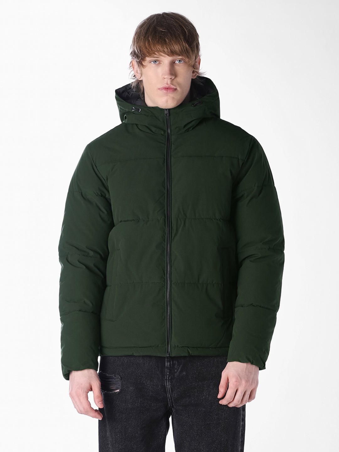 Green Solid Regular Fit Puffer Jacket