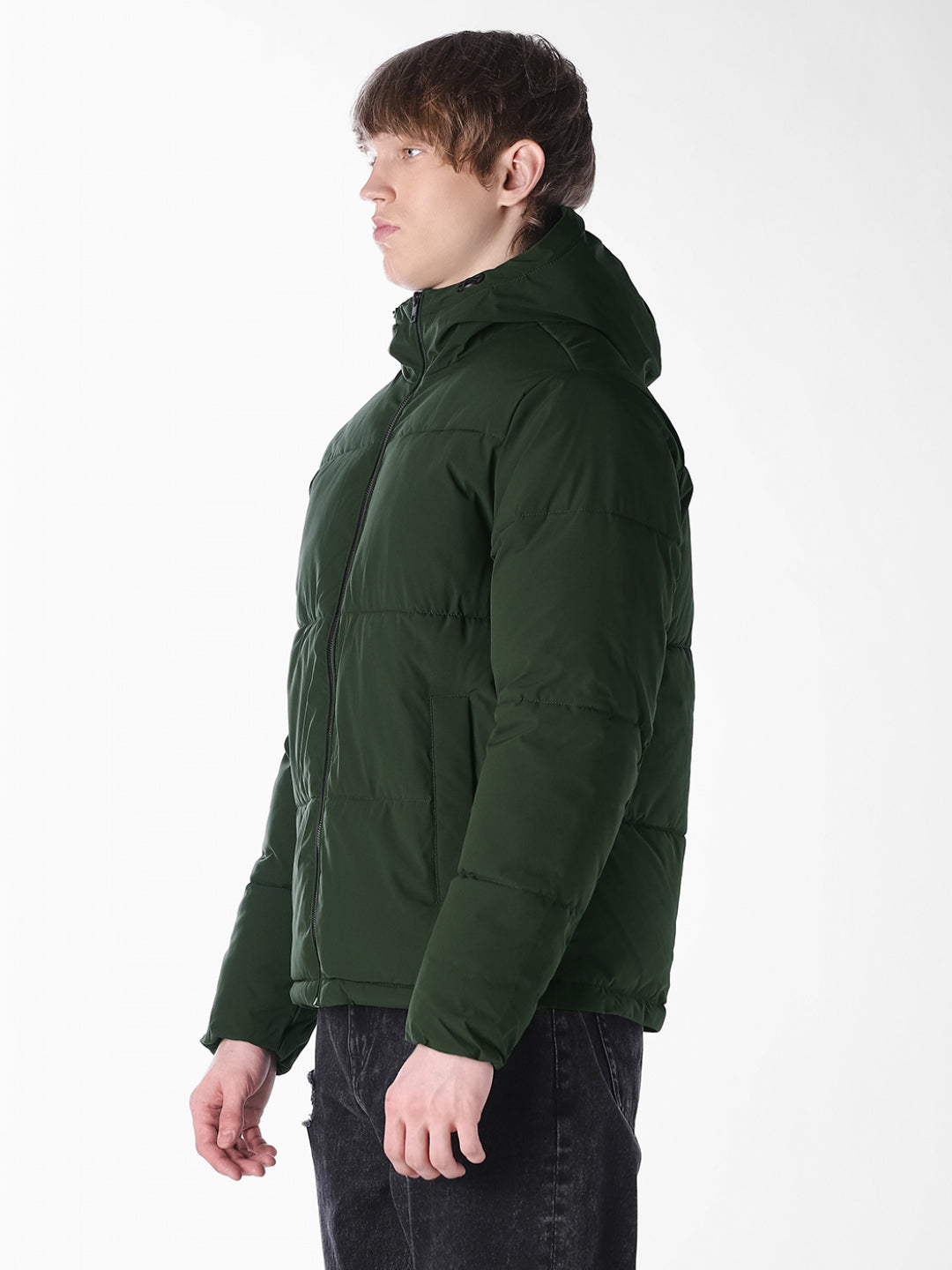 Green Solid Regular Fit Puffer Jacket