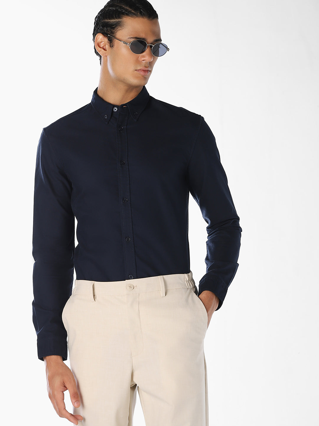 Navy Blue Cotton Regular Fit Shirt
