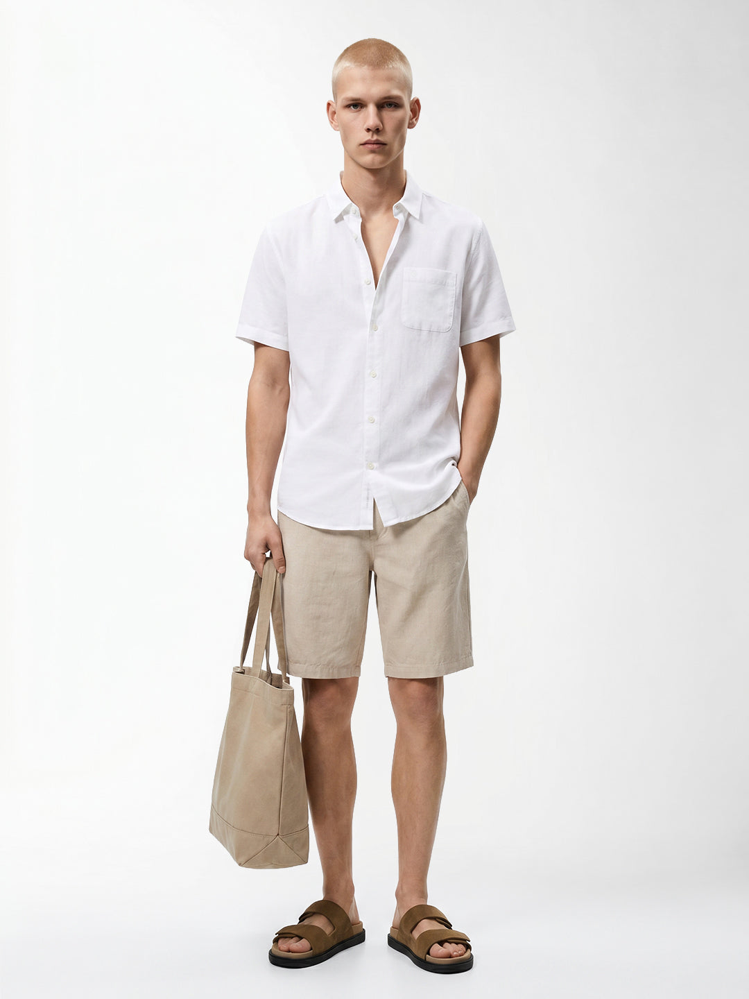 White Linen Blend Short Sleeves Shirt