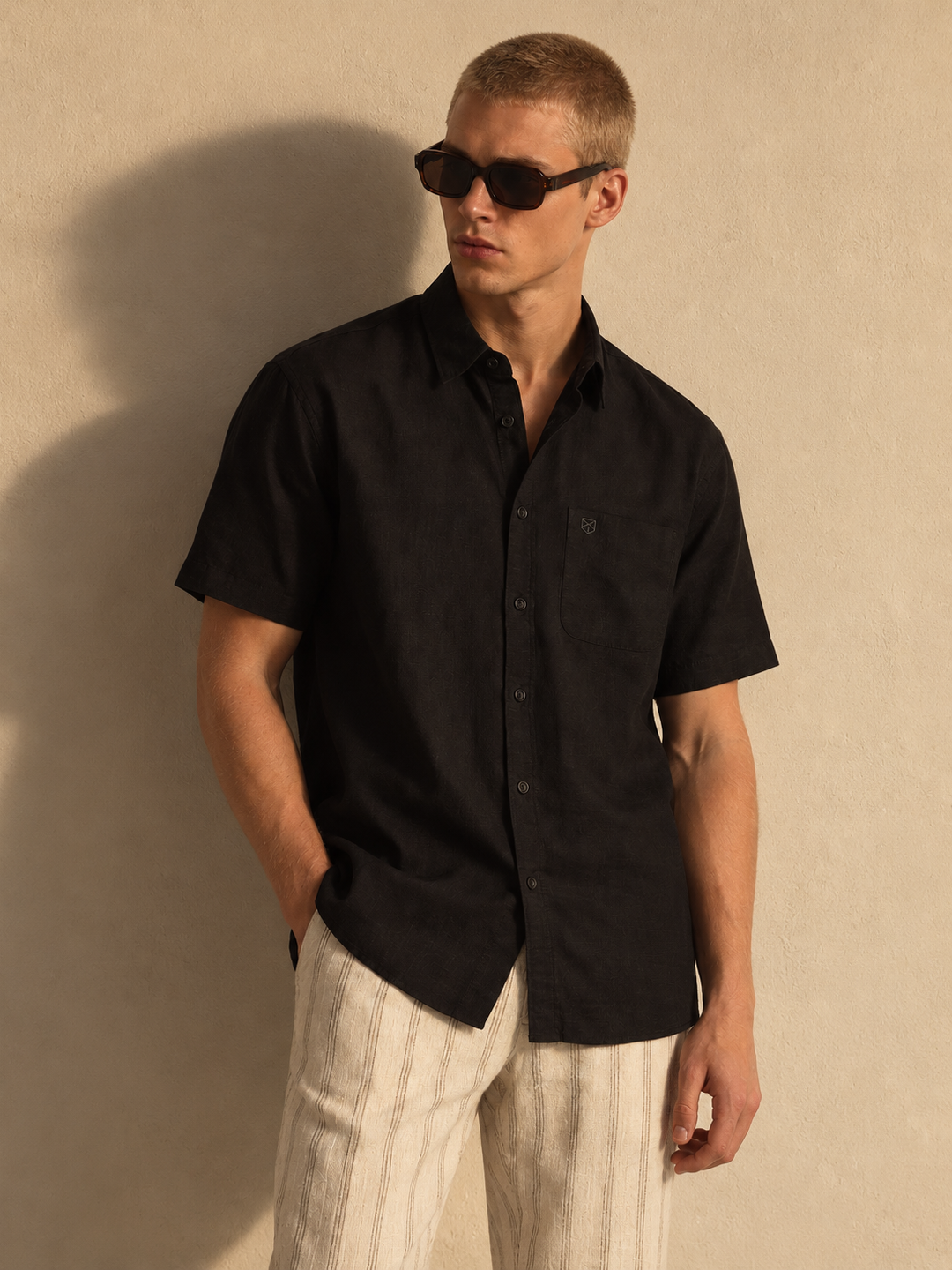 Black Linen Blend Short Sleeves Shirt