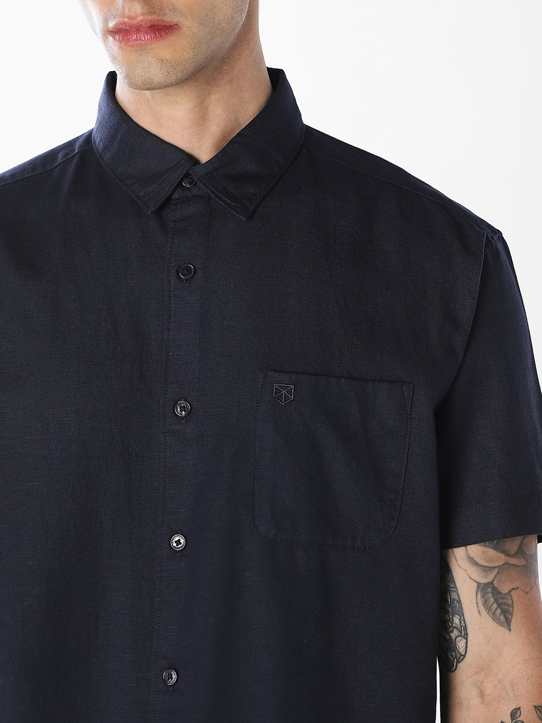 Navy Linen Blend Short Sleeves Shirt