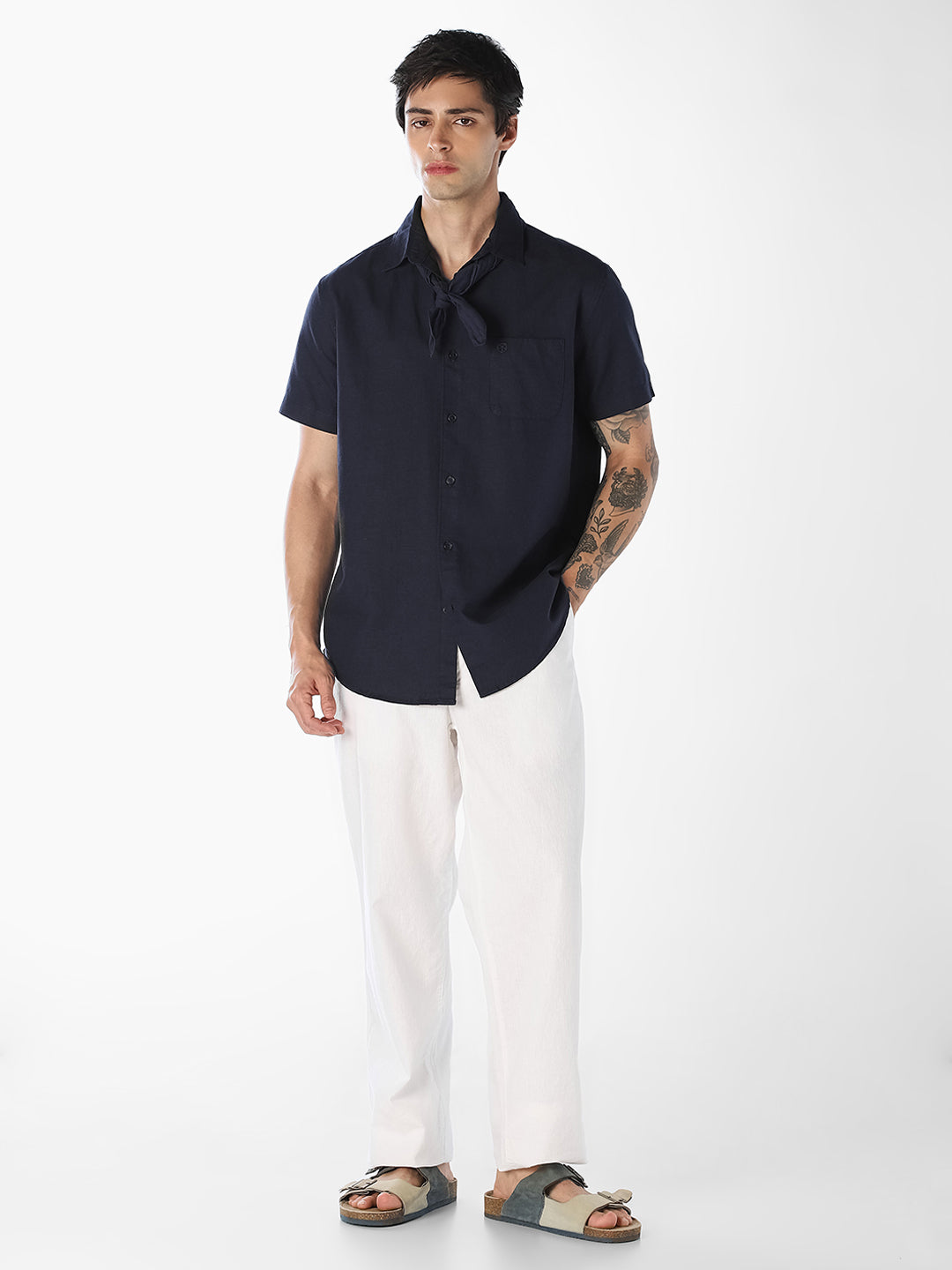 Navy Linen Blend Short Sleeves Shirt