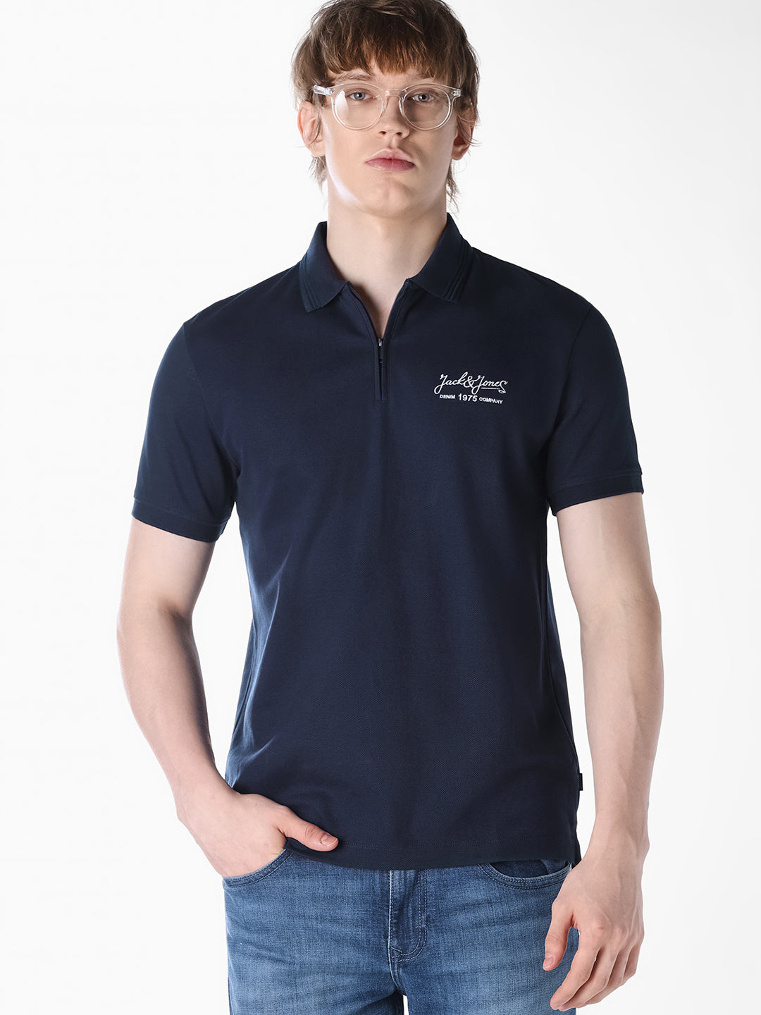 Ribbed Collar Navy Blue Polo